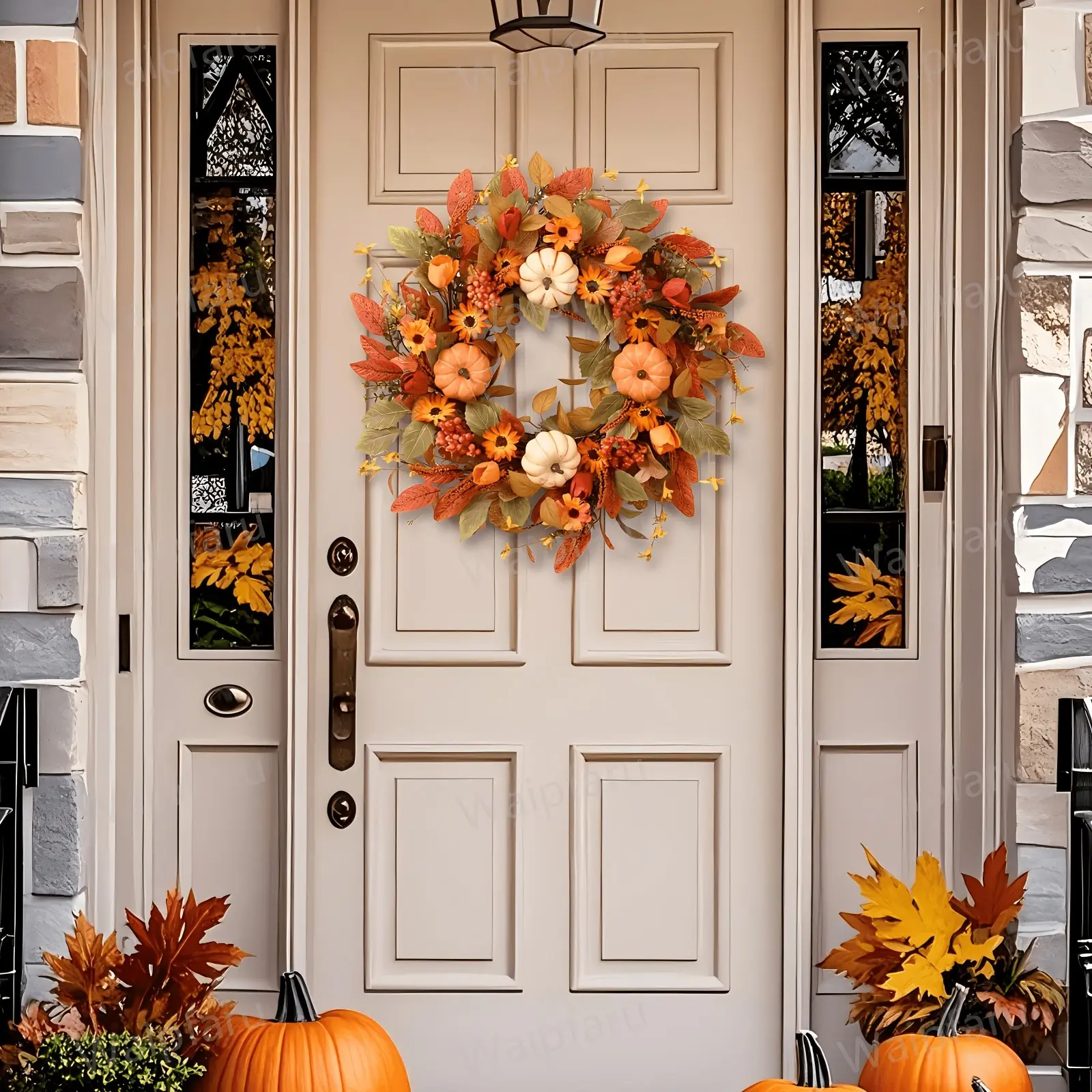 Autumn Door Wreath with Pumpkin, Home Indoor Outdoor Porch Thanksgiving Farm Harvest Decor, Fall Decoration, Artificial Wreath for Windows Walls Fireplace