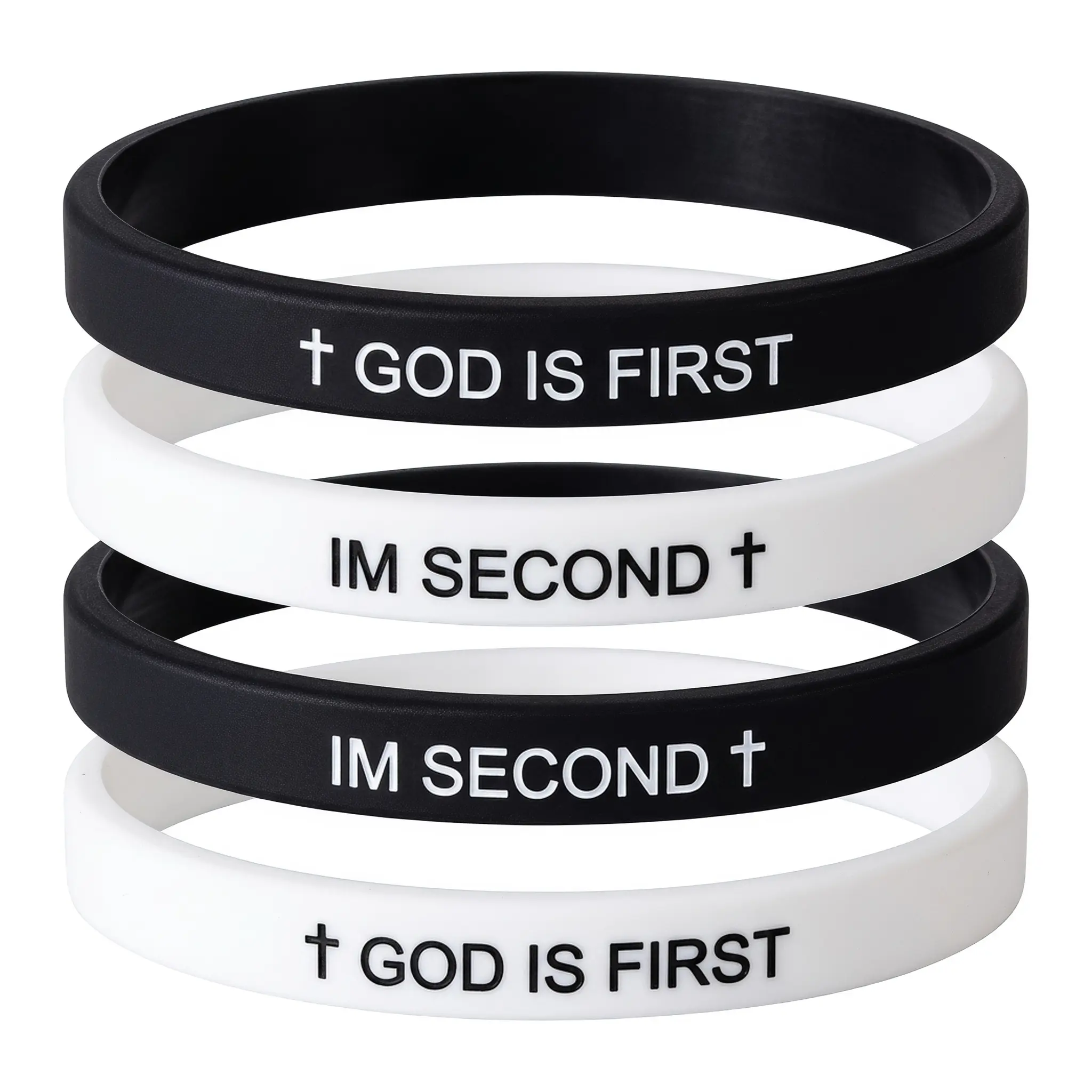 Faith Expression Silicone Wristbands God Is First Im Second 4 Pack Interchangeable Bible Verses For Men Women Teens Inspirational Christian Gift Durable Stacking Bracelets Black White