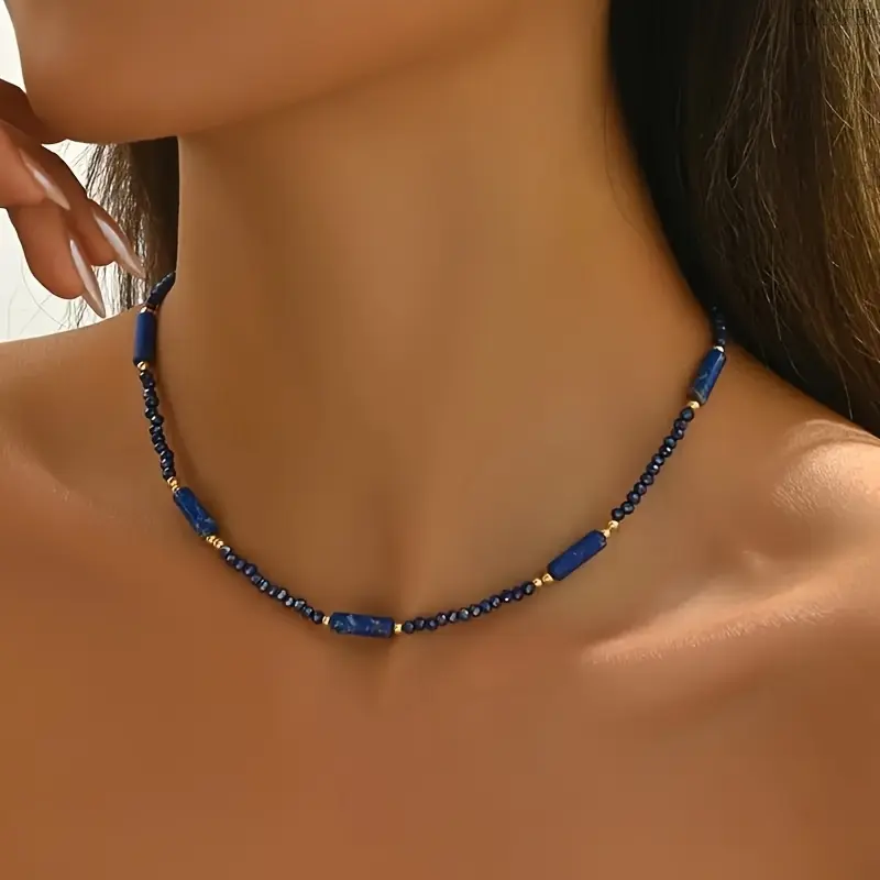 Women's Minimalist Blue Natural Stone Handmade Beaded Necklace - Elegant Casual Luxury Sports & Outdoor Jewelry for Daily Wear