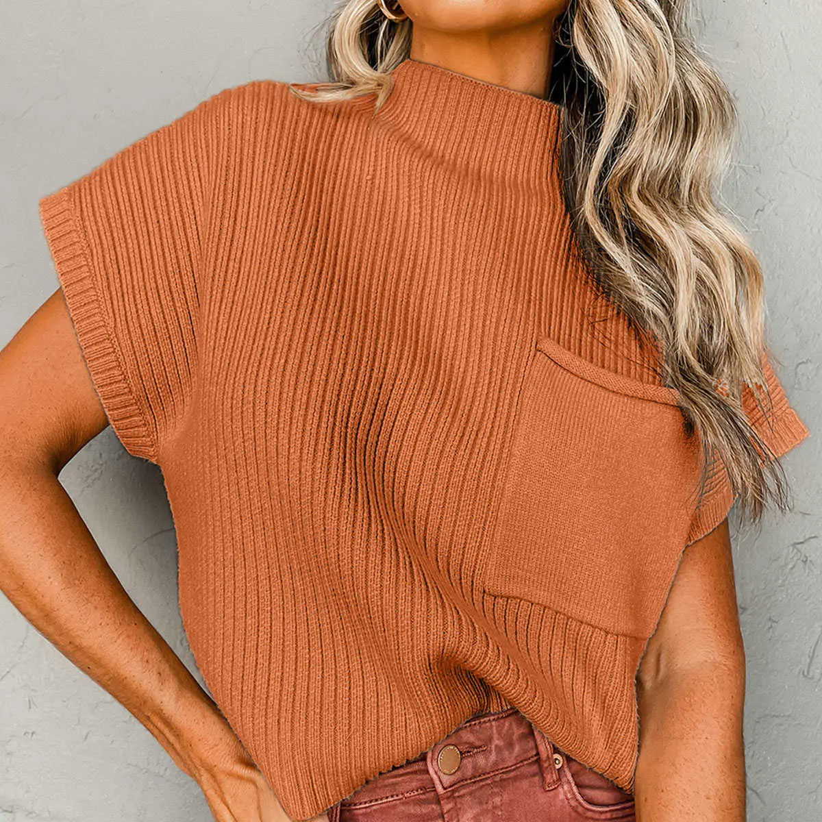 Gold Flame Patch Pocket Ribbed Knit Short Sleeve Sweater