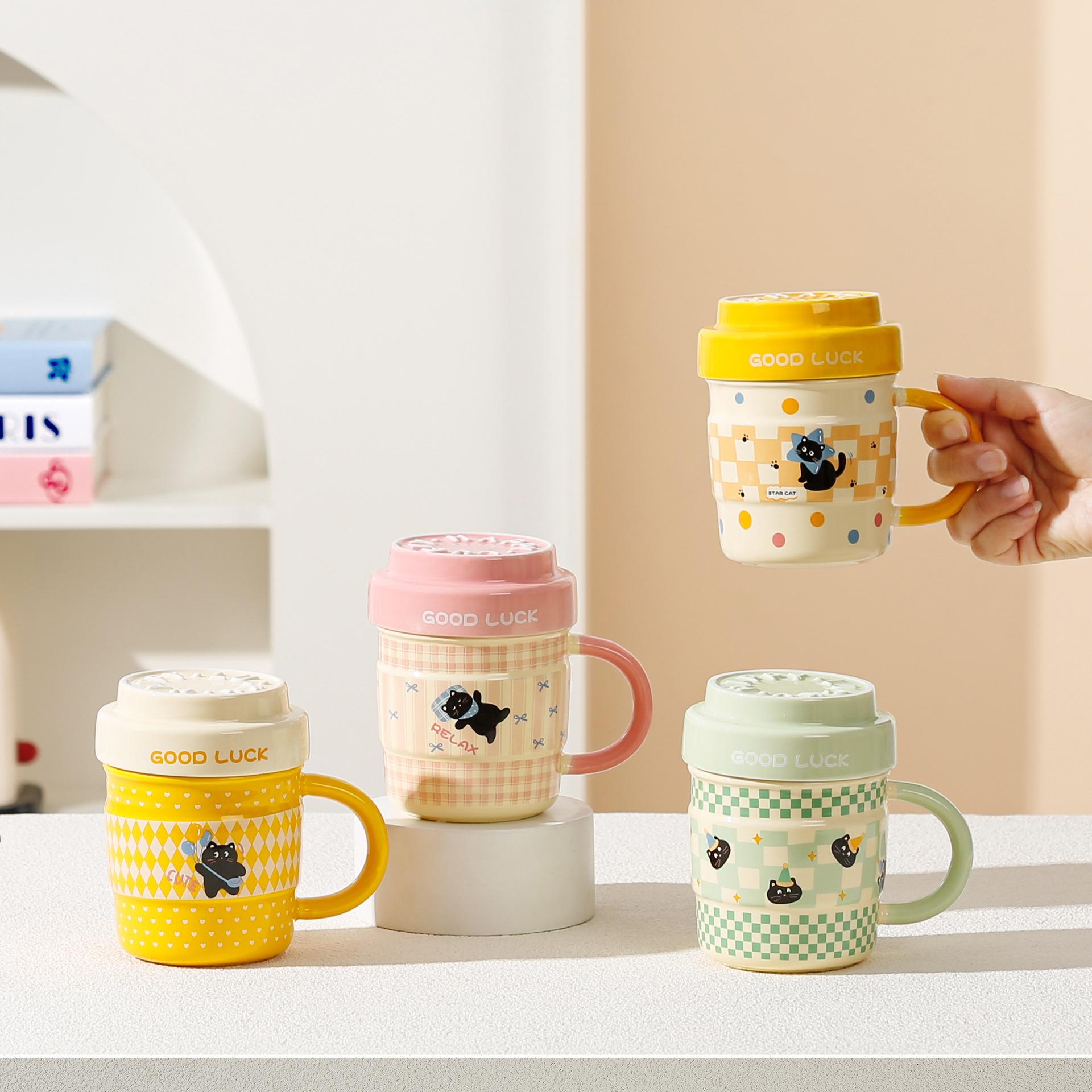 Cute Cat Mug with Lid, Funny Mug, Large Capacity Ceramic Coffee Cup, Ideal for Home & Office Use, Stylish Drinkware for Cats Lovers