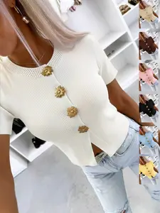 Women's Summer Casual & Elegant Knit Top, Womenswear, Round Neck Short Sleeve, Metal Button, Perfect for Dating and Daily Wear, Knitwear