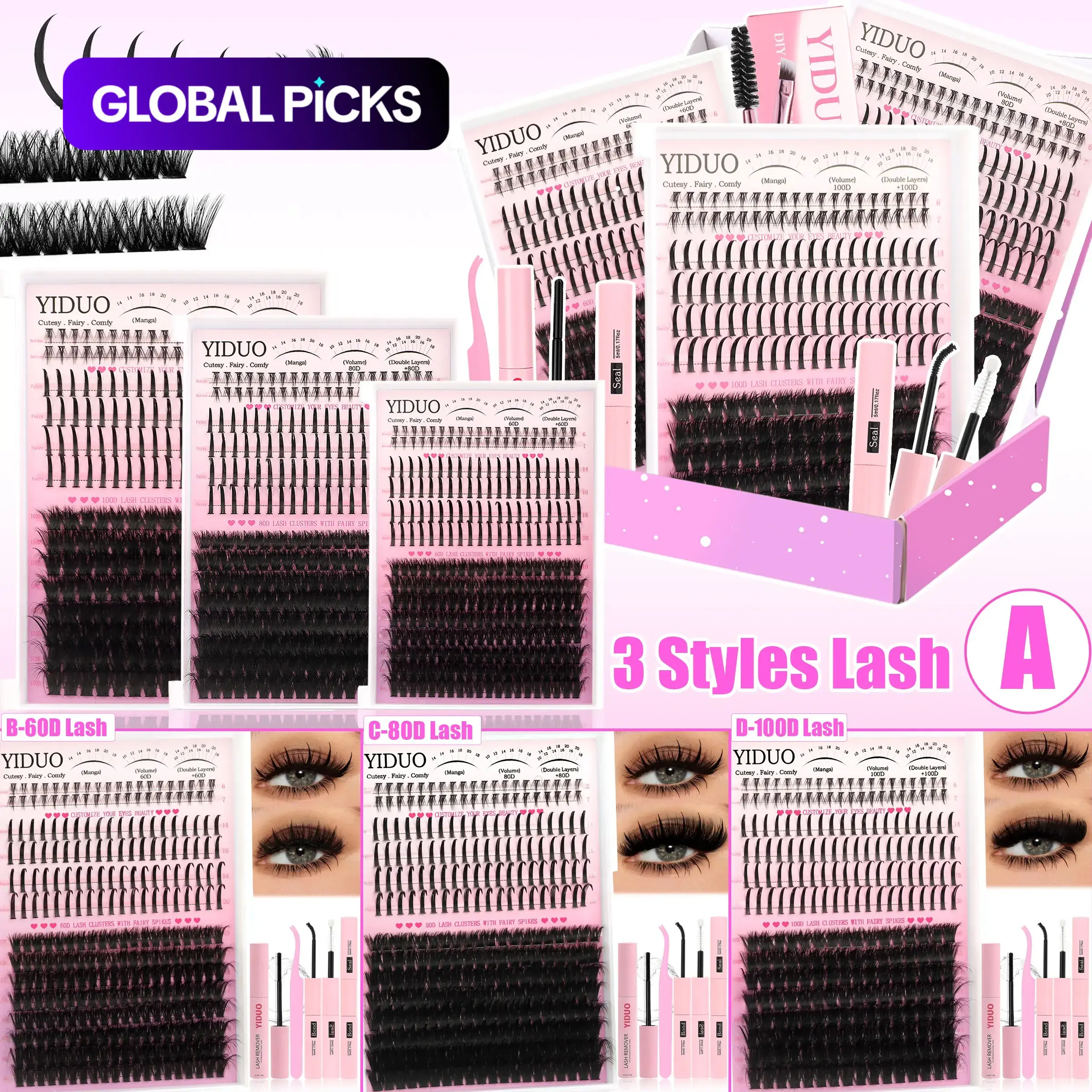 YIDUO 5-Style Cluster False Eyelashes Kit, 280 Pcs D-Curl Fluffy & Spike Lashes Extensions (6–18 mm), DIY Lash Set with Bond & Seal, Remover, Tweezers & Brush #GLOBAL PICKS