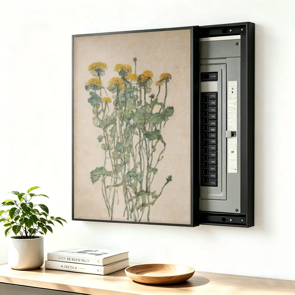 ElectricalPanel Cover Decorative Breaker Box Cover Fuse Box Cover Yellow Flowers On Beige Background Aluminum Alloy Frame With High Quality Canvas, LivingRoom Home Office