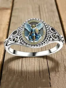 Retro Style Archangel Pattern Women's Fashion Ring, Floral Design, Hypoallergenic Alloy Material, Ideal for Daily Wear & Gifts