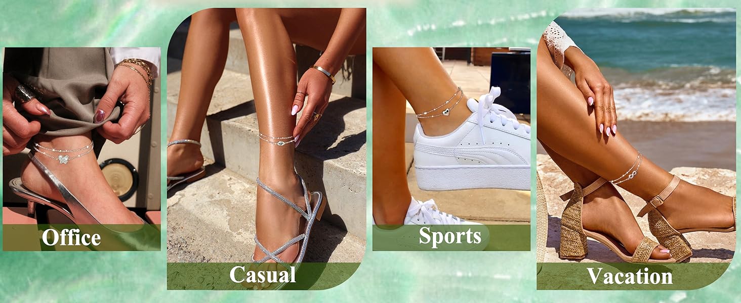 MILACOLATO Stainless Steel Ankle Bracelet for Women Teens Cute Butterfly Sequin Infinity Cross Heart Evil Eye Pendant Layered Anklets Adjustable Foot Jewelry