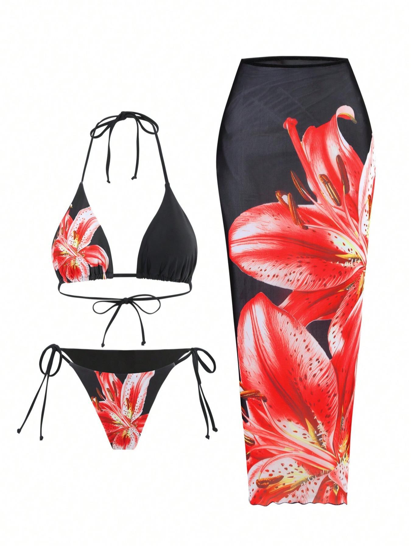 Women's Floral Print Halter Bikini Set, Tie Back Swim Bra & Tie Side Swim Panty & Cover Up Skirt Set, Swimming Swimwear Set for Beach Holiday Vacation, Y2k Bathing Suit, Floral Print Swimsuits, Summer Swimsuit Set