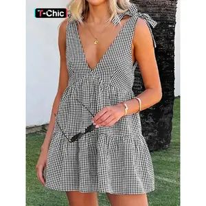 Women's Gingham Print Bow Decor Tie Shoulder Dress, Casual Fashion Dress for Vacation & Daily Wear, Ladies Dress for Summer