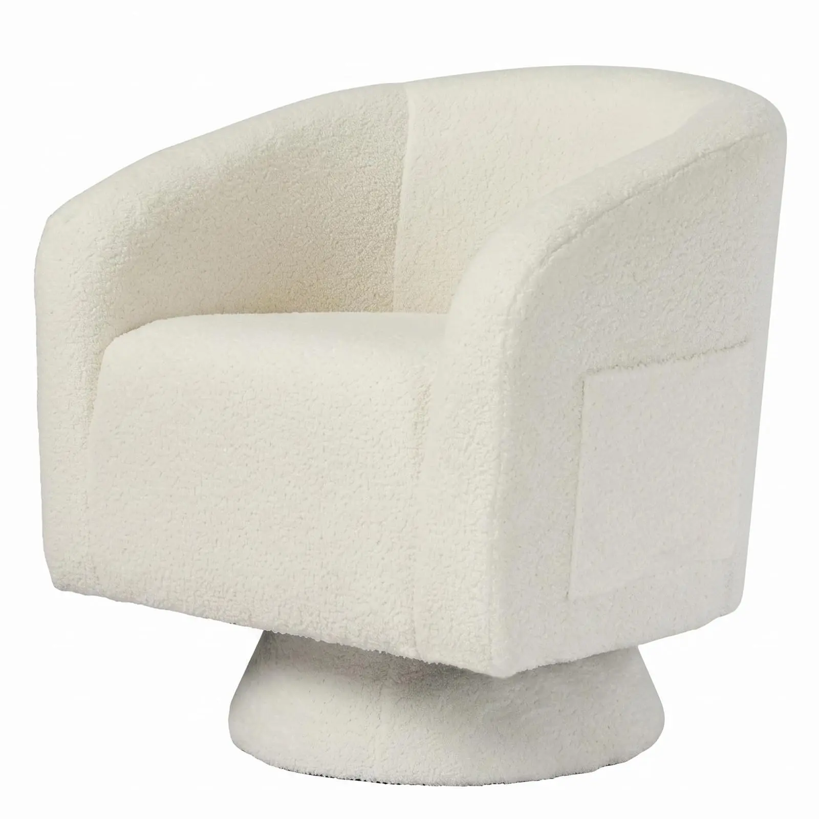 Modern 360° Swivel Boucle Accent Chair - Soft Stuffed Sherpa Upholstered Armchair with Curved Back, Engineered Wood Base & Side Pocket - Perfect for Living Room, Bedroom, or Reading Nook - Ivory/Beige/Black