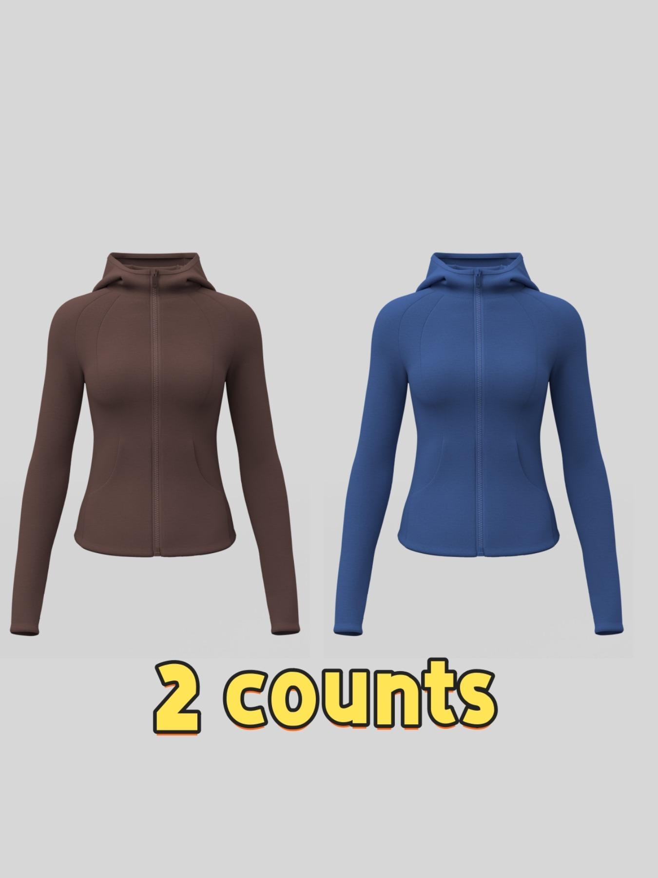 Women's Solid Color Thumb Hole Design Long Sleeve Zip Up Hooded Sports Jacket, High Stretch Sporty Comfortable Breathable Raglan Sleeve Pocket Hooded Jacket for Women, Ladies Sportswear for Indoor Outdoor Wear, Sporty Breathable Outerwear