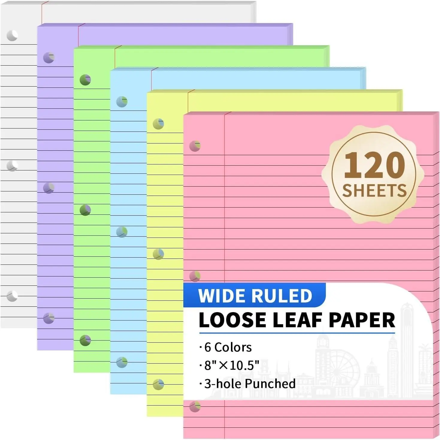 120 Sheets Loose Leaf Paper 8x10.5 Inches, 6 Colors Wide Ruled Lined Paper, 3-Hole Punched Notebook Paper, Binder Filler Writing Paper for 3-Ring Binders, Office School SuppliesGift