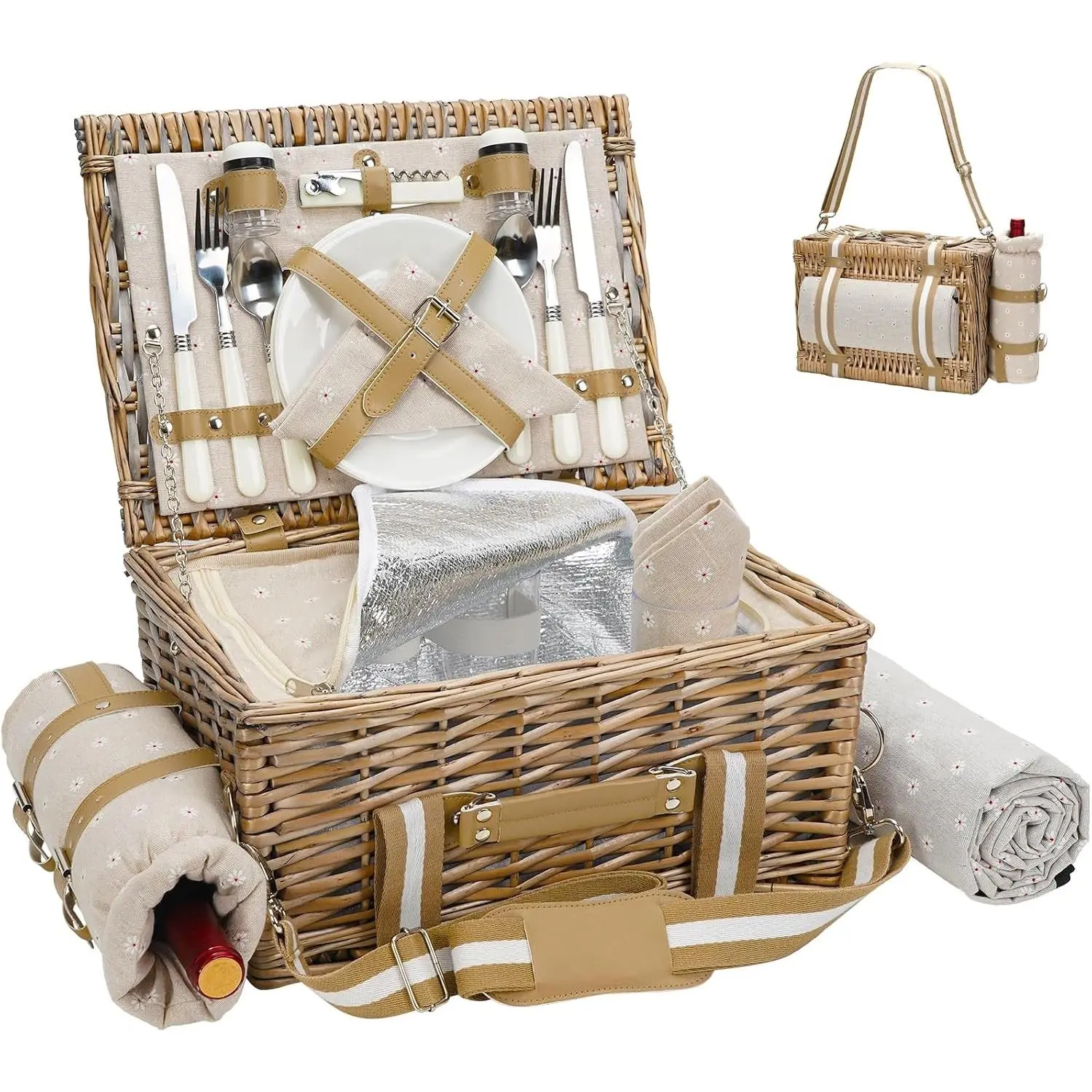 19Pcs Wicker Picnic Basket Set for 2, Large Picnic Hamper with Insulated Cooler, Waterproof Blanket, Wine Bag & Cutlery Kit for Couples Camping, White Flower