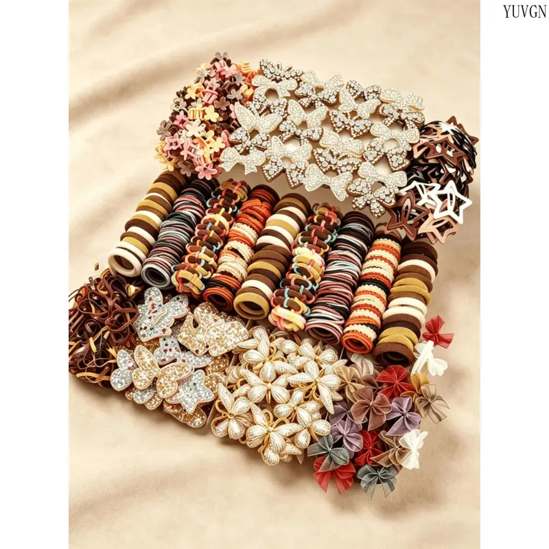 512 pieces/sets-Autumn Style Girls Cute Hair Accessories Set,Elegant Butterfly & Flower Hair Clips, Coffee Tone Hair Ties & Barrettes, Soft & Stylish, Perfect for Daily Wear, School, Parties & Gift Giving for Girls.
