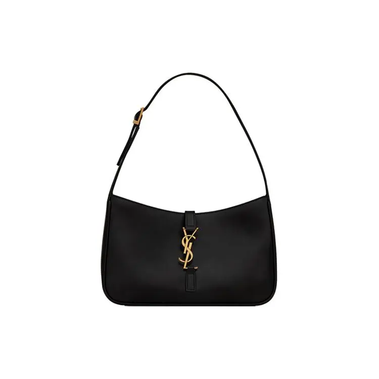 Saint Laurent YSL Le 5 A 7 Distressed Gold Logo Calfskin Crossbody Bag for Women, Vintage-Style Black
