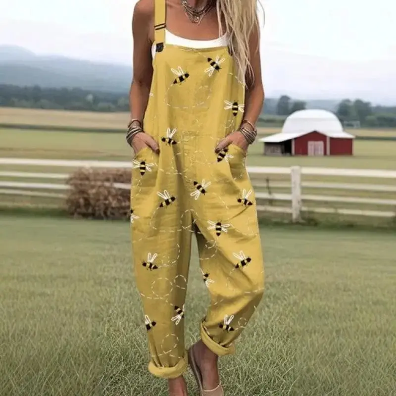 Women's Patchwork Dual Pocket Jumpsuit Loose Floral Print Bohemian Wide Leg Bib Overall