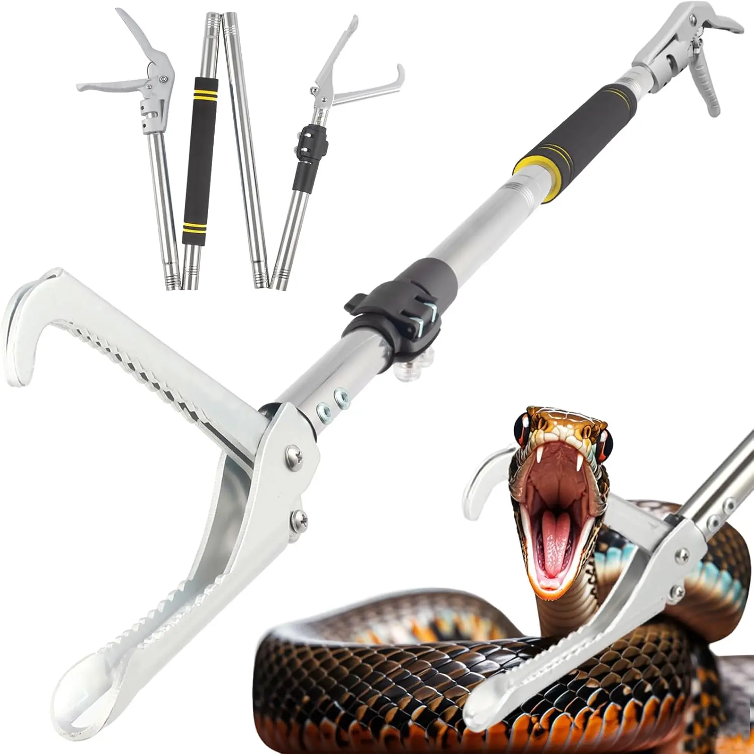 69" Heavy Duty Professional Folding Snake Grabber Tool Wide Jaw Long Handle Stainless Steel Tube Snake Tongs with Sponge Handle for Rattlesnake Handling Feeding