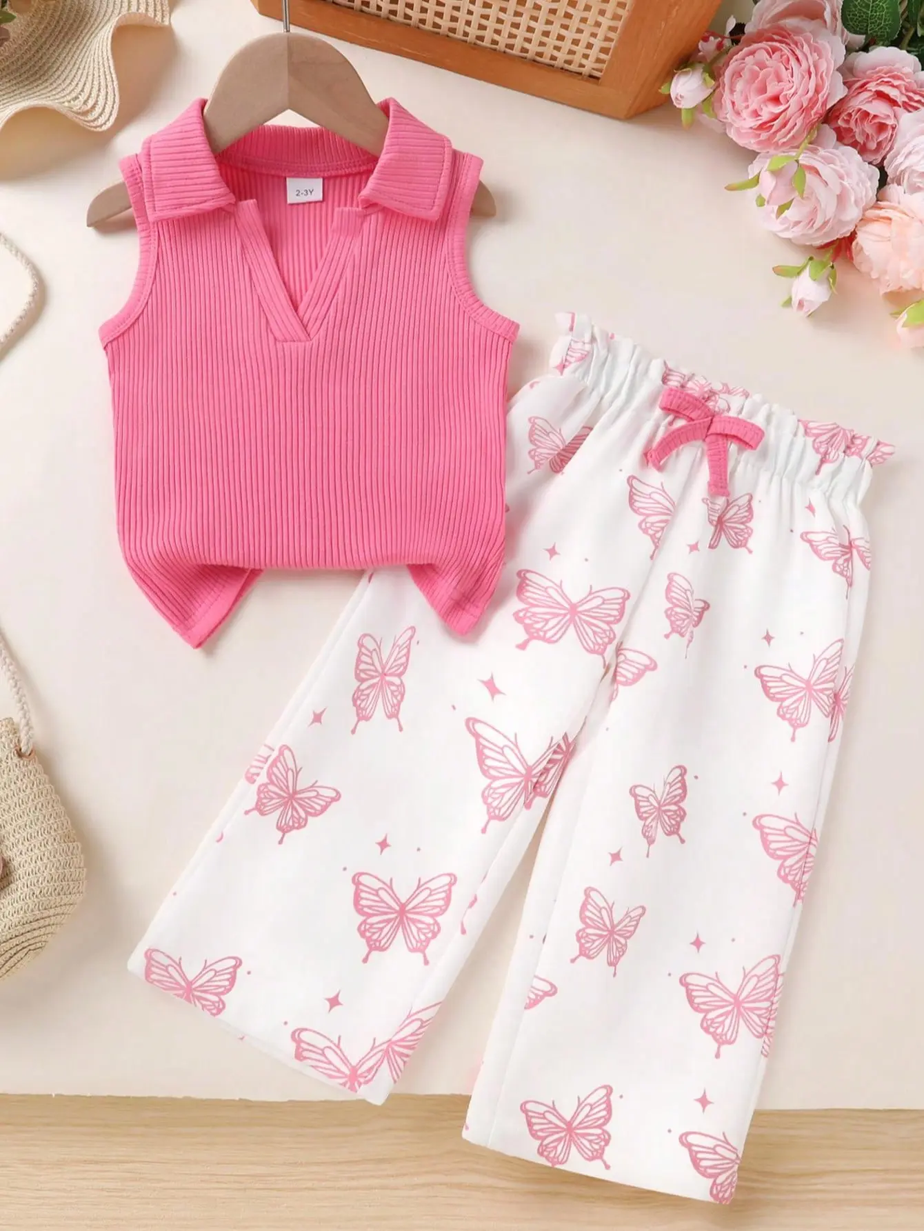 Younger Tree Toddler Young Girls' 2-Piece Knit Outfit Set - Collared Top & Wide-Leg Pants with Bow Decoration, Butterfly Print, Simple Colors, Cotton Blend, Fitted Cut, Slight Stretch, Soft Comfortable, Kids Clothing Girls, for Everyday Wear, Vacations