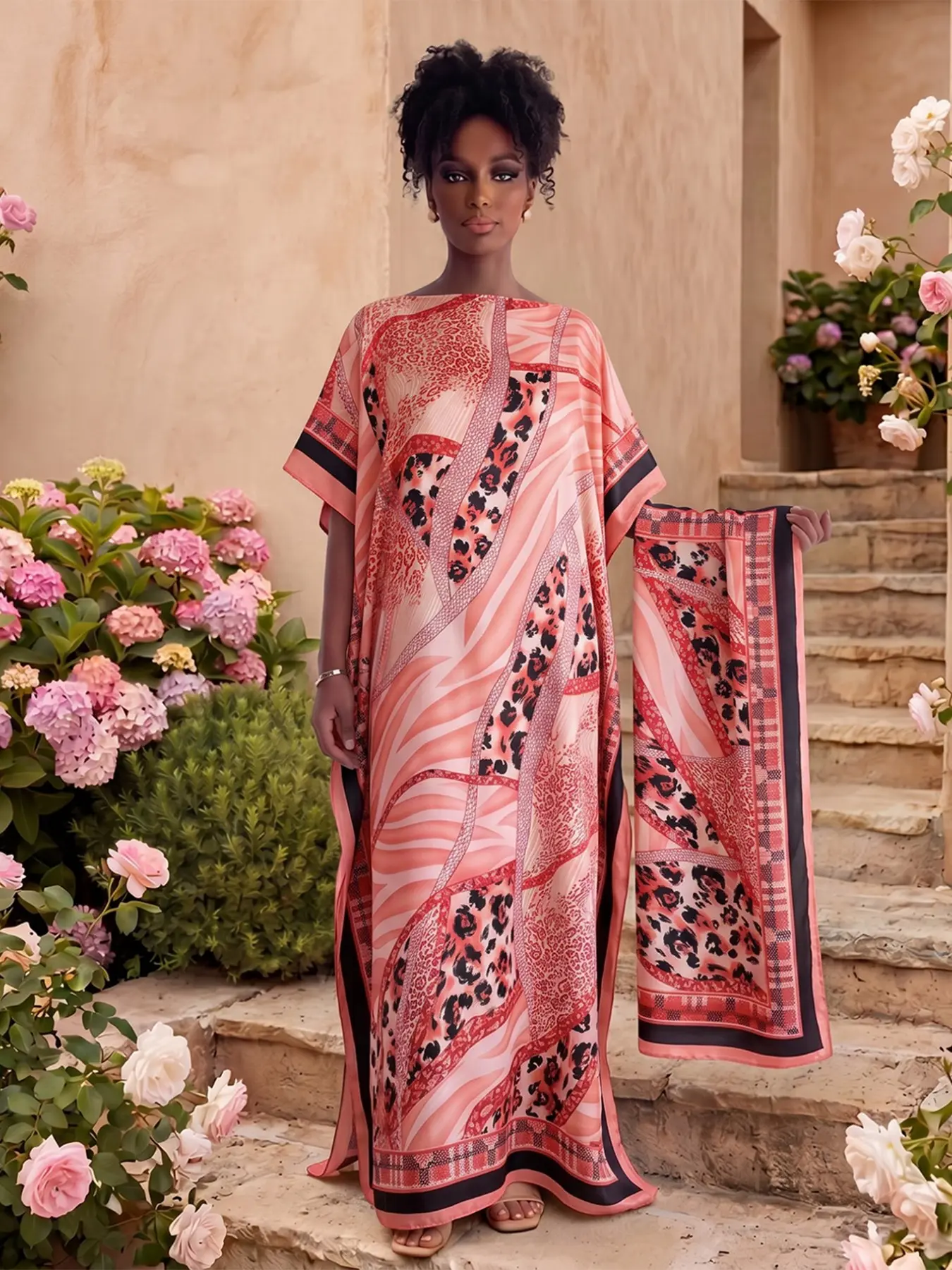 MOO MOO Women’s printed long dress and scarf set; Bohemian casual shawl dress with scarf; relaxed loose beachwear; soft and comfortable; suitable for all seasons; a must-have for seaside vacations. Matching Outfit