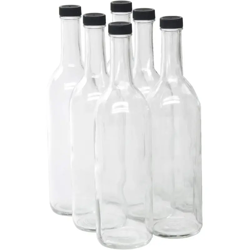 6-Pack 750ml Rounded Flint Glass Bordeaux Bottles with Screw-Top Lids, Traditional Flat-Bottom Reusable Storage Set for Home Brewing, Drink Decoration