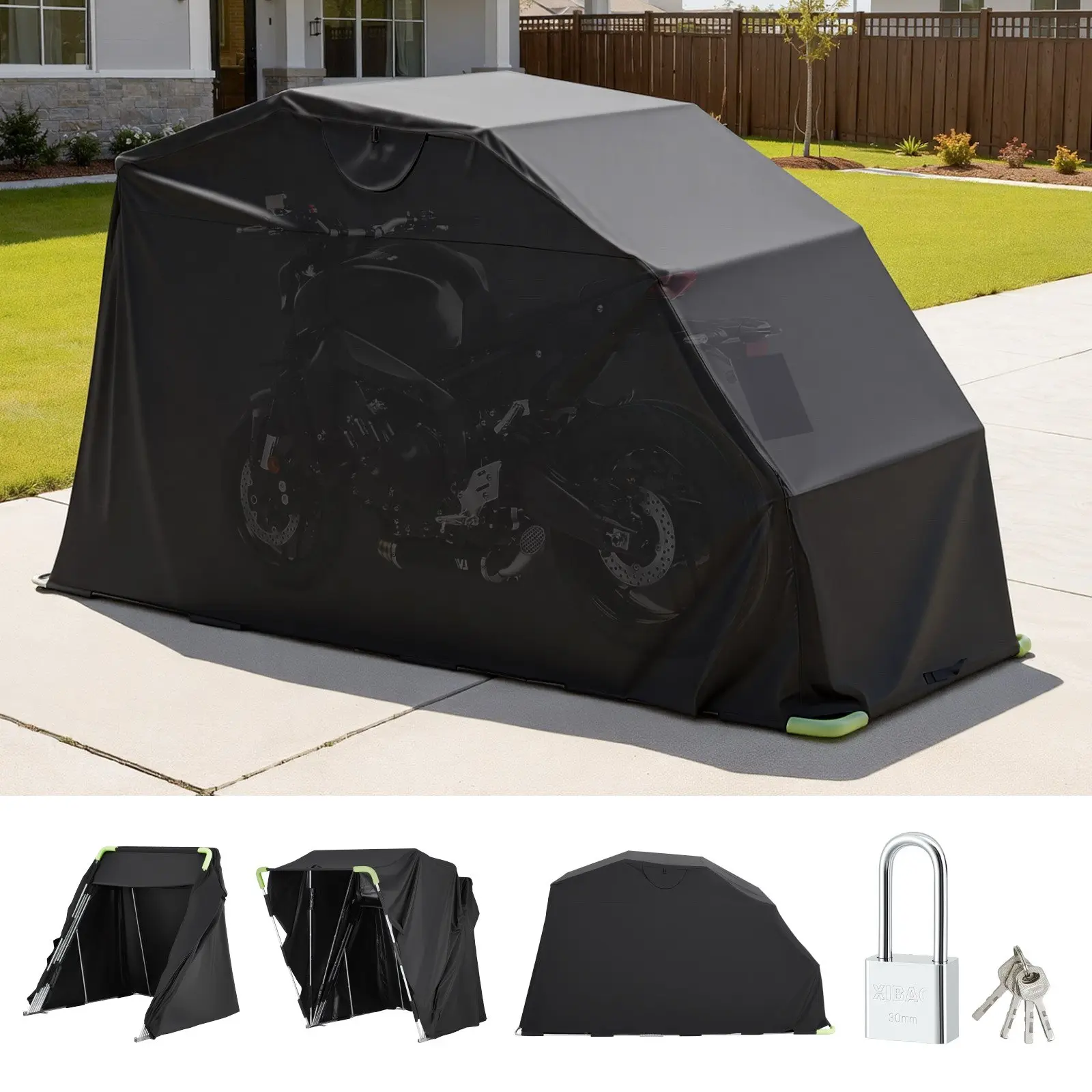 VEVOR Heavy-Duty All-Weather Motorcycle Storage Shelter, 600D Oxford Flip-Up Garage Tent with Anti-Theft Lock, PVC Coating, Double Triangular Steel Tube, Ventilation Windows, 136x54x75in Outdoor Shelter for Bikes & Cruisers, Black