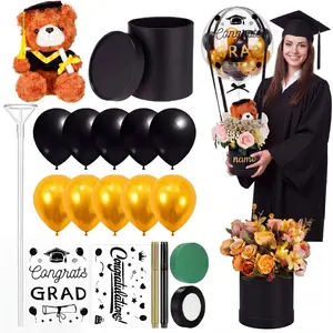 2026 DIY Graduation Surprise Gift Set Graduation Supplies, 9.8 In Bear Animal with Cap Flower Grad Gift Box 20 In Bobo Balloon Black Gold Latex Balloon for Congrat Grad