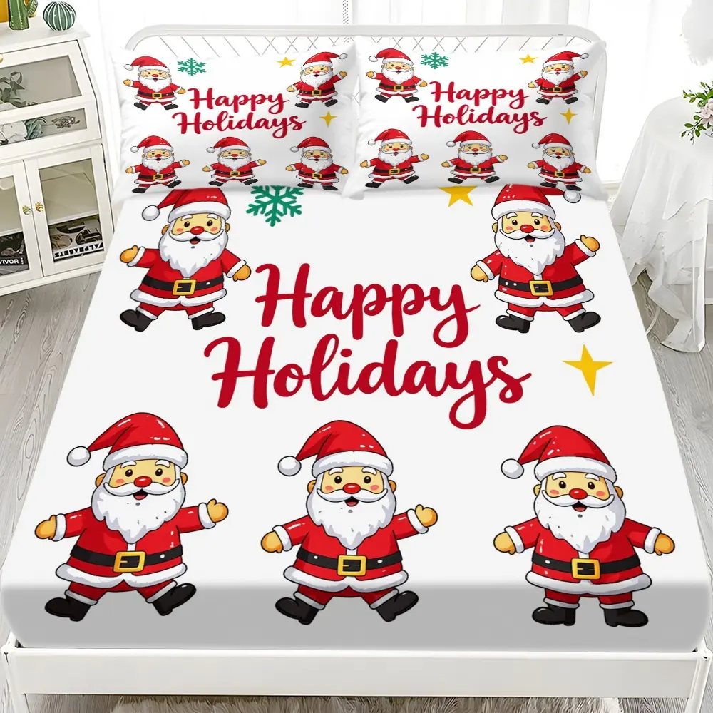 Santa Claus Fitted Sheet Set, Happy Holidays Letter Snowflake Star Print White Deep Pocket Bed Cover, Soft Microfiber Christmas Bedding Set for Bedroom Holiday Decoration, Include 2 Pillowcases