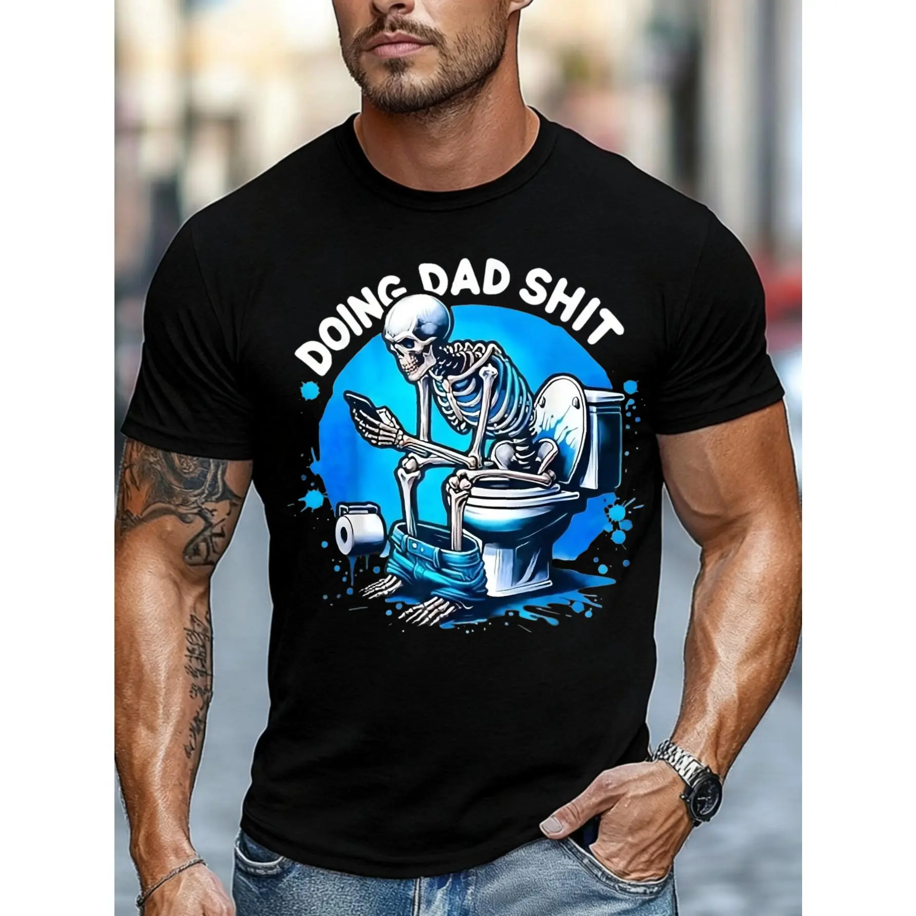 Casual, Men's T-Shirt, Skeleton Doing Dad Shit Toilet Humor, Everyday Wear, Gift For Dad