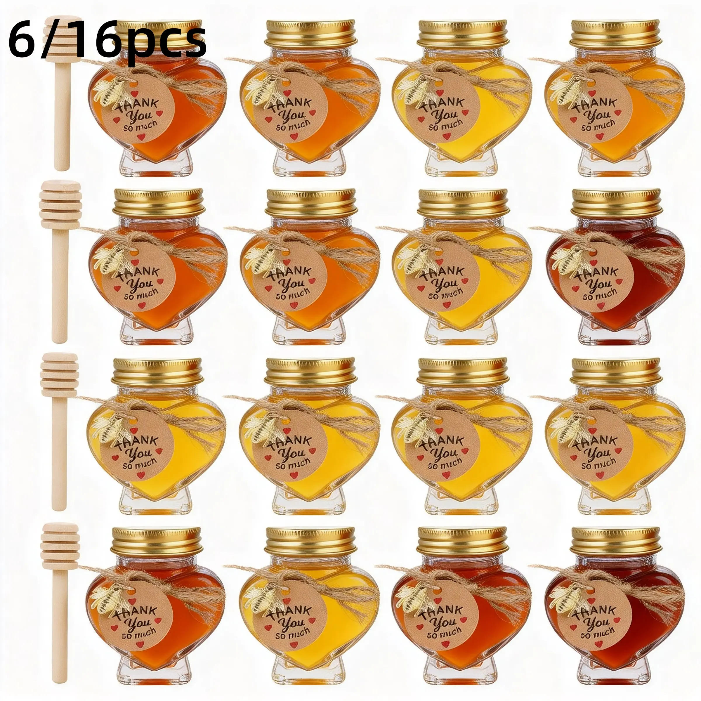 Heart Shaped Glass Honey Jars Set, 6/16pcs Mini-60ML, with Dipper, Twine, Bee Charm, Thank You Cards, Wedding Favors for Guests, Glass Storage Jars