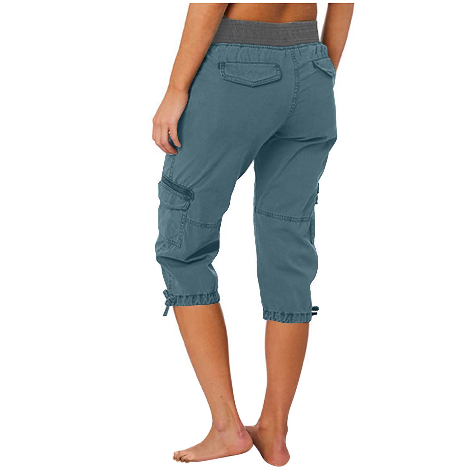 Women Cargo Capris Soild Casual Pants With Pocket Drawstring Outdoor Hiking Pants Women'S Slacks Thin Streetwear Tops Chic White Womenswear Bottom Comfort Basic
