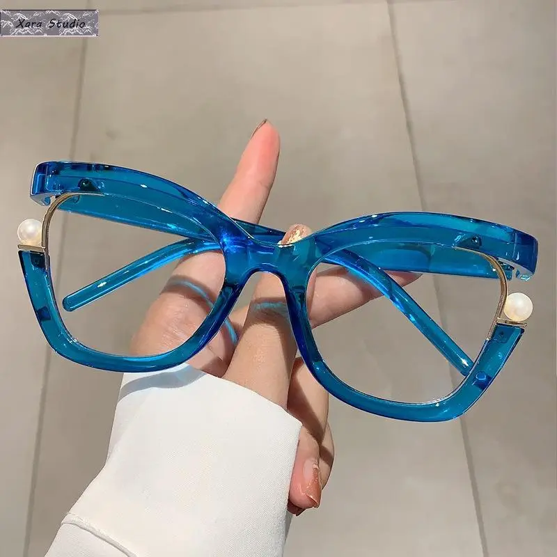 Women's Trendy Cat Eye Anti-UV Sunglasses, Blue Light Blocking, Colorful Pearl Frame Retro Eyewear, Lightweight Flat Lens Anti-Glare Computer Glasses, European-American Style for Daily Wear & Office, Anti-Uv Women's Sunglasses