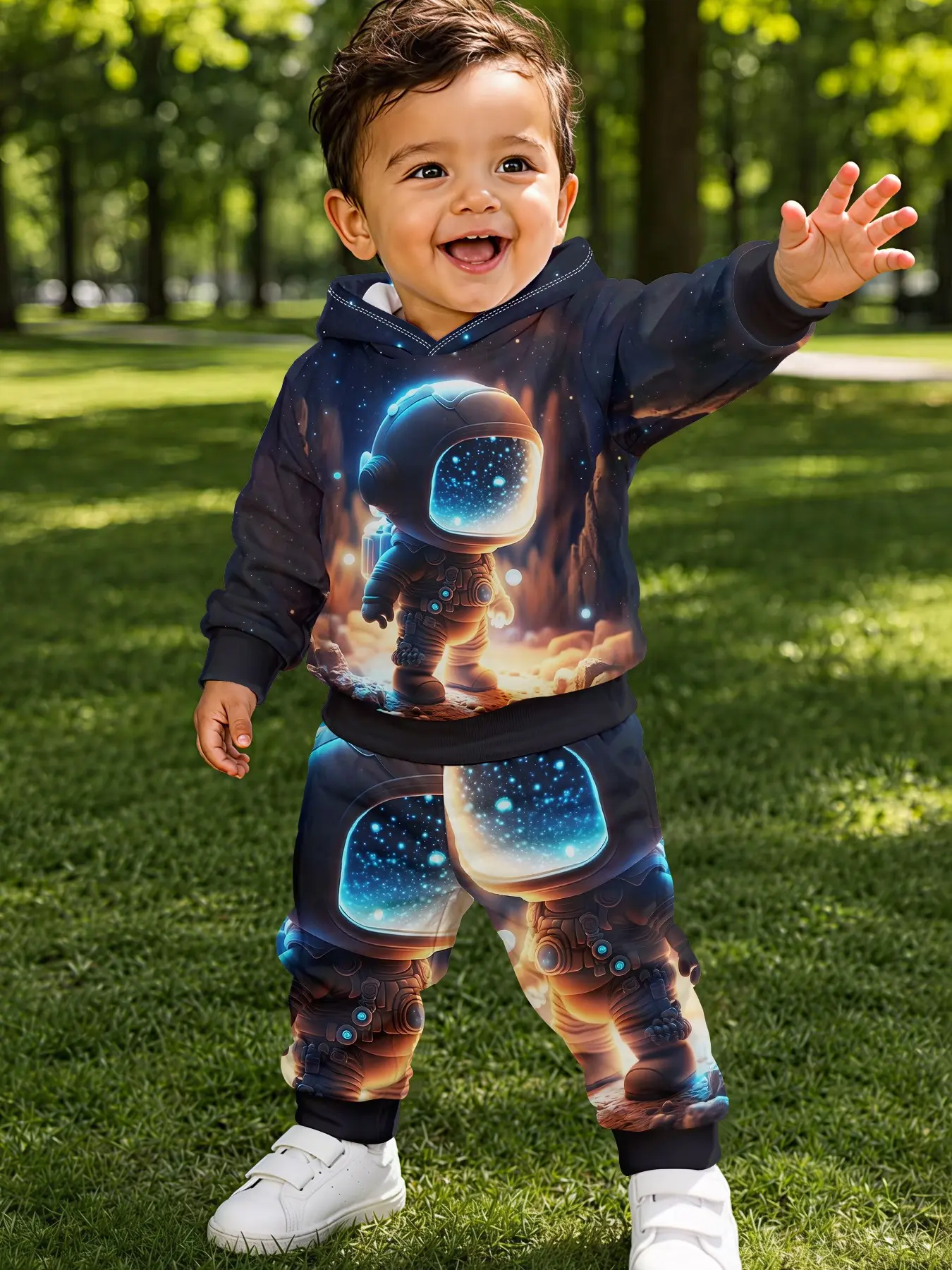Boys' 2-Piece Set, Astronaut Pattern Sweatshirt & Pants, Digital Print, Dreamy Dark Color, Casual Spring Fall, Kids Fashion