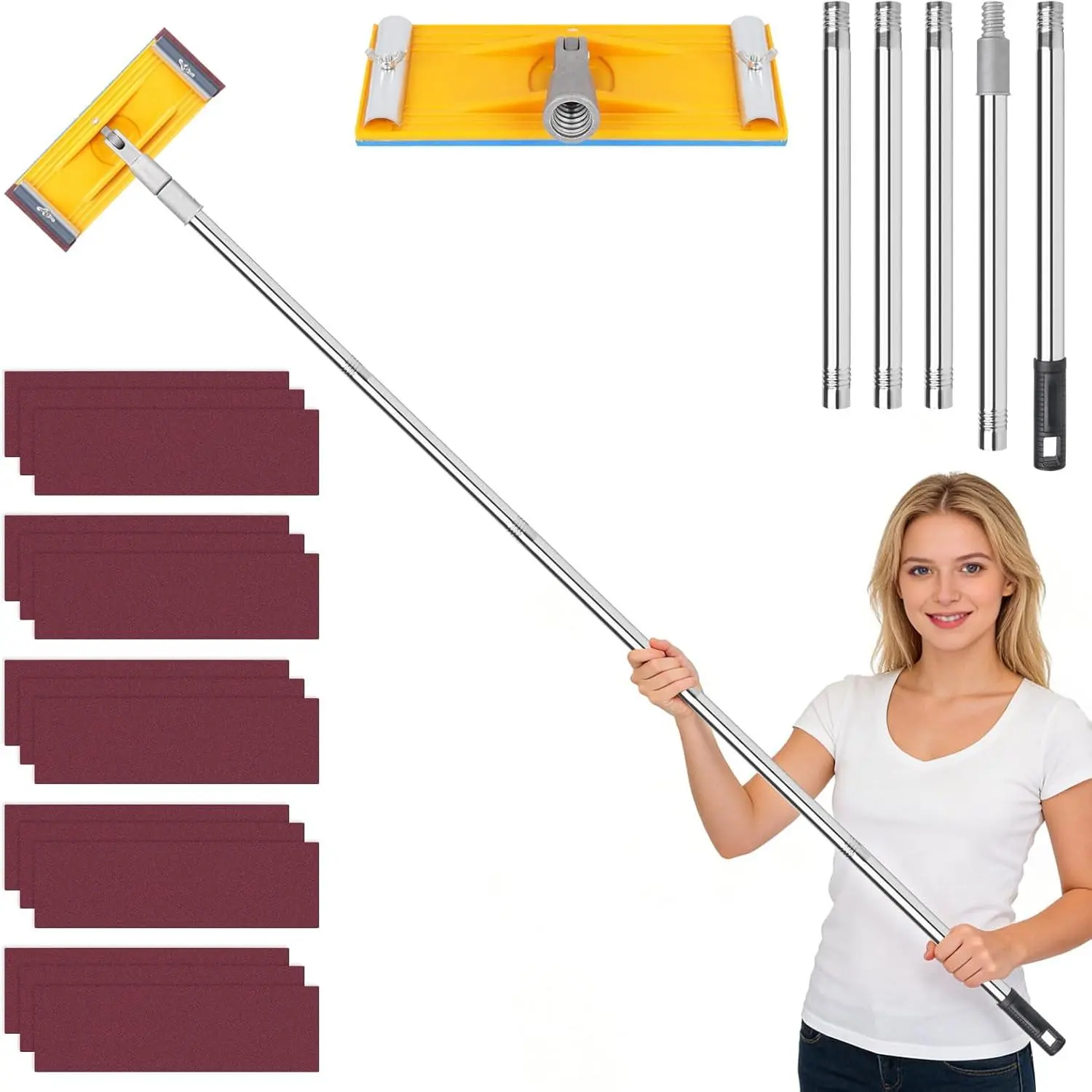 Pole Sander For Extension - Manual Hand Sanding Pole, Wall Sander for Painting Prep, Complete with 15pcs Sanding Sheets, 12-55inch (3 Pieces Each of 60, 80, 180, 240, 320 Grit)
