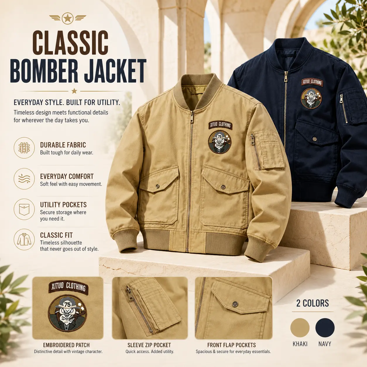 Vintage Military Bomber Jacket Men Cartoon Patch Embroidery Multi Pocket Zip Up Street Flight Coat