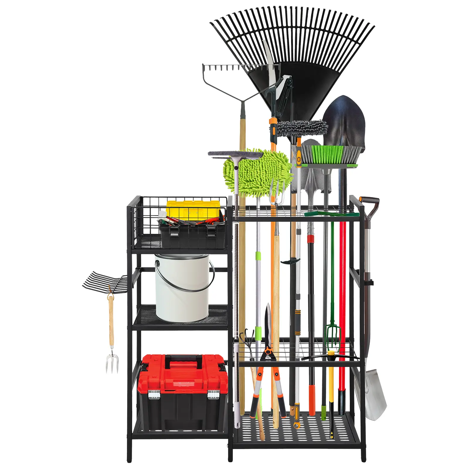 Garden Tool Organizer with Basket - 3 Tier Yard Storage Rack with 35 Long-Handle Slots & 6 Shelves, Heavy Duty Freestanding Holder for Shed, Lawn & Garage