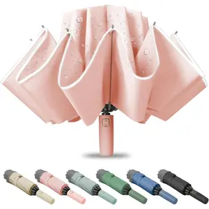 Large Windproof Travel Umbrella - Reverse Auto Folding Car Umbrella for Rain and Sun, Inverted with Waterproof, 10 Ribs, Fits Backpack, for Women & Men
