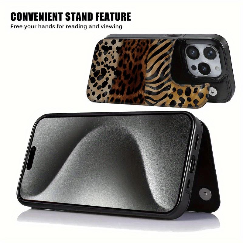 Creative Leopard Zebra Pattern Splicing Leather Card Holder Phone Case, Suitable for iPhone 17 Air/16 Plus/15 Pro Max/14 Pro/13/12/11/XS Max/X Phone Case, Ideal Gift for Thanksgiving and Christmas for Family, Friends, Lovers, Boyfriend, Girlfriend