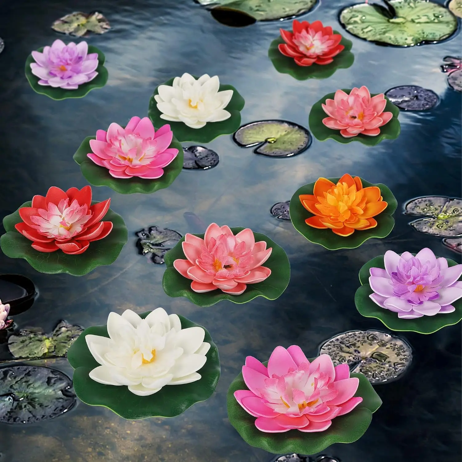 12 Pcs Artificial Floating Foam Lotus Flower with Water Lily Pad, Lifelike Ornanment Home Garden Pond Decor Indian Decorations Return Gifts