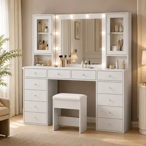 55"W Vanity with Power Outlet [Shipping By 2 Packages] Vanity Desk with Mirror and 10 LED Lights, Makeup Vanity with 12 Drawers and 2 Cabinets, Fold-up Panel, Glass Top Vanity Table with Chair for Bedroom,Deals For You Days