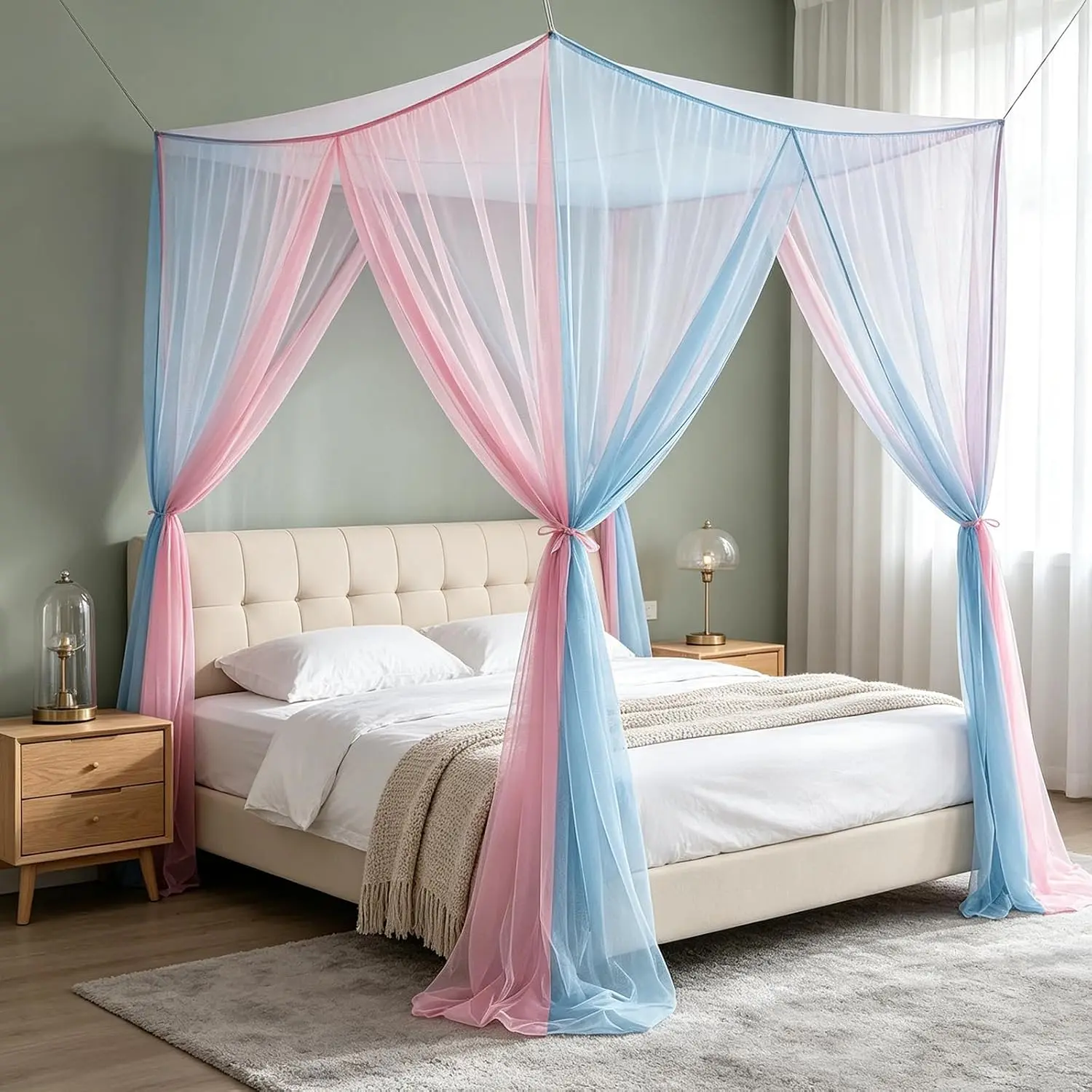 4 Corners Net for Bed, Bed Curtains Pink & Blue| Suitable for Full Queen Size Bed, Bed Netting for Bedroom Camping Travel