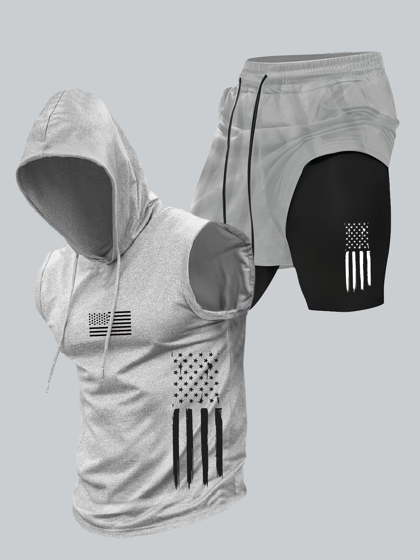 Two-Piece Set Men's American Flag Print Hooded Tank Top & Shorts Set, Regular Fit Casual Sleeveless Top & Shorts, Men's Summer Activewear Sportswear Set Menswear Athletic Clothes