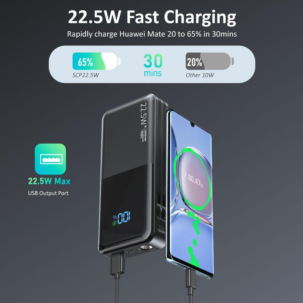 Portable Charger, 20000mAh SCP 22.5W & PD20W Fast Charging Phone Charger, Built-in Detachable USB-C & iOS Output Cable, Power Bank for iPhone Android Samsung