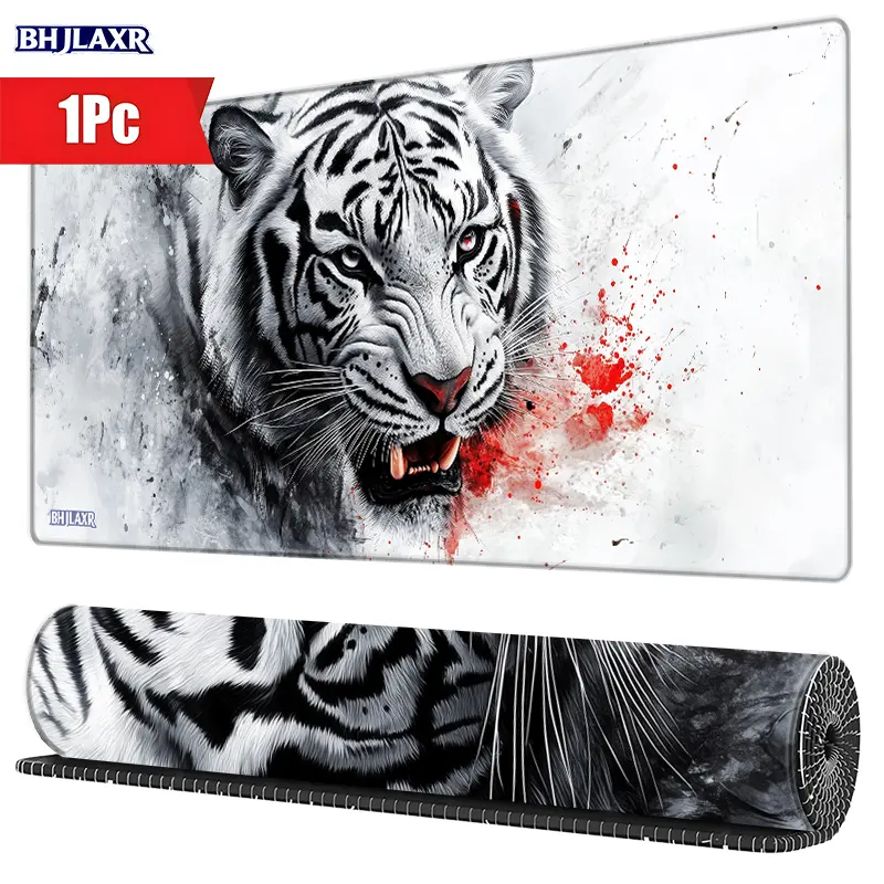 Fierce White Tiger Aggressive Gaming Mouse Pad with Stitched Edges, Non - Slip Rubber Base, for Office/Desk/Computer, Perfect Gift for Tiger Enthusiasts, 15.7x35.4inch