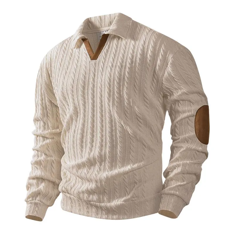 Men’s Classic Cable Knit Polo Sweater Tops - Menswear Knitwear, Plain Options, V-Neck Collar, Elbow Patches, Multiple Colors, Fall Layering Essential for Casual Everyday Wear
