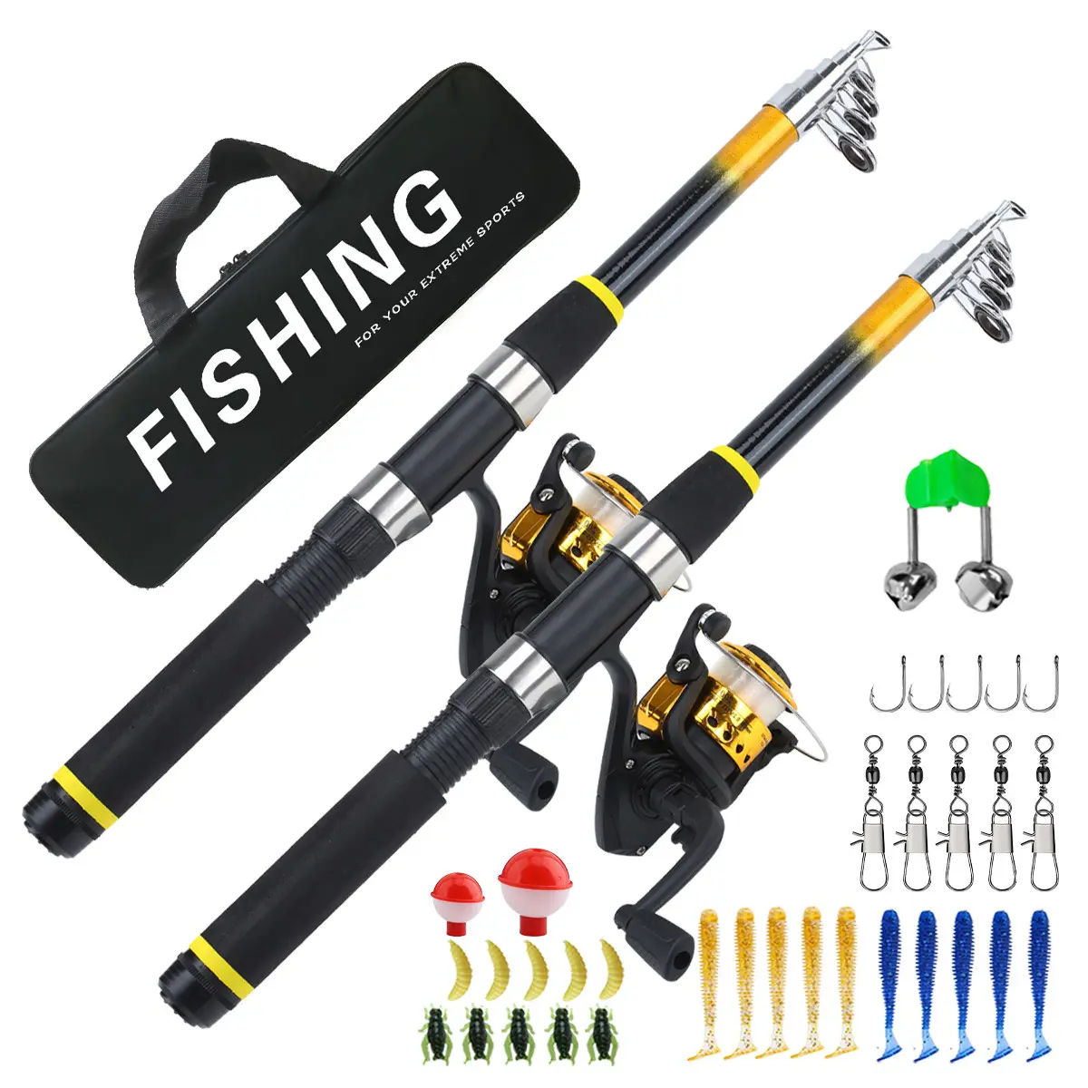 Bright Yellow 2 Rod 2 Reel Fishing Combo – Double Fishing Kit with Pre-Spooled Reels, Lures, Hooks & Carry Bag, Perfect for Couples & Family Outdoor Fishing