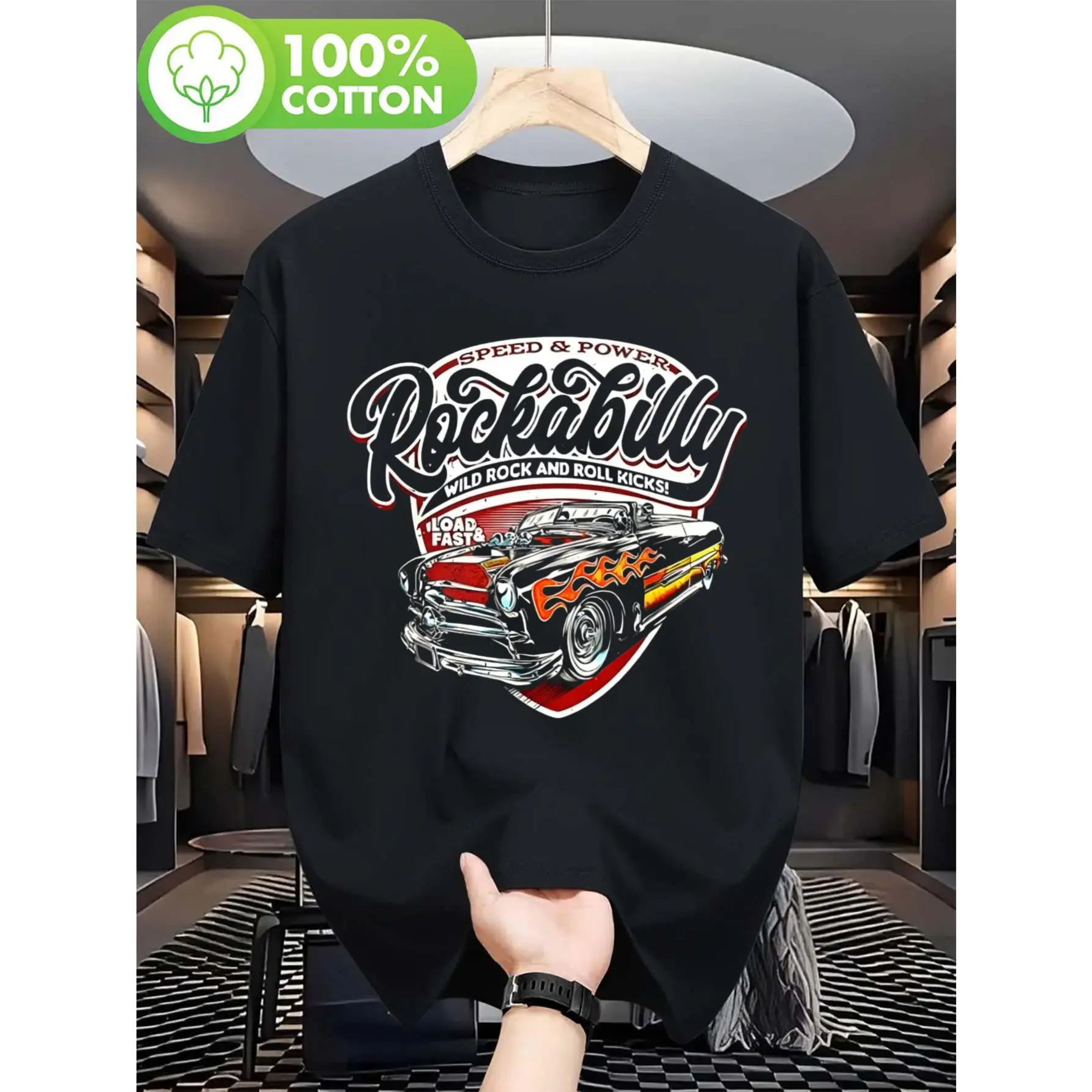 Men's Vintage Rockabilly Red 100% Cotton Short Sleeve T-Shirt - Menswear Top with 50s Rock Roll & Classic Car Graphic - Soft Breathable for Concerts, Casual Wear - Ideal Gift for Rockabilly Fans, Shortsleeve, Tshirt, Simple, All Season
