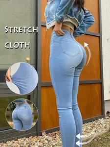 Women's High-Waisted Tight Jeans, Casual Comfort Stretch Conical Jeans, Y2K Plain Washed Blue, Button Fly, Street Style, All Seasons