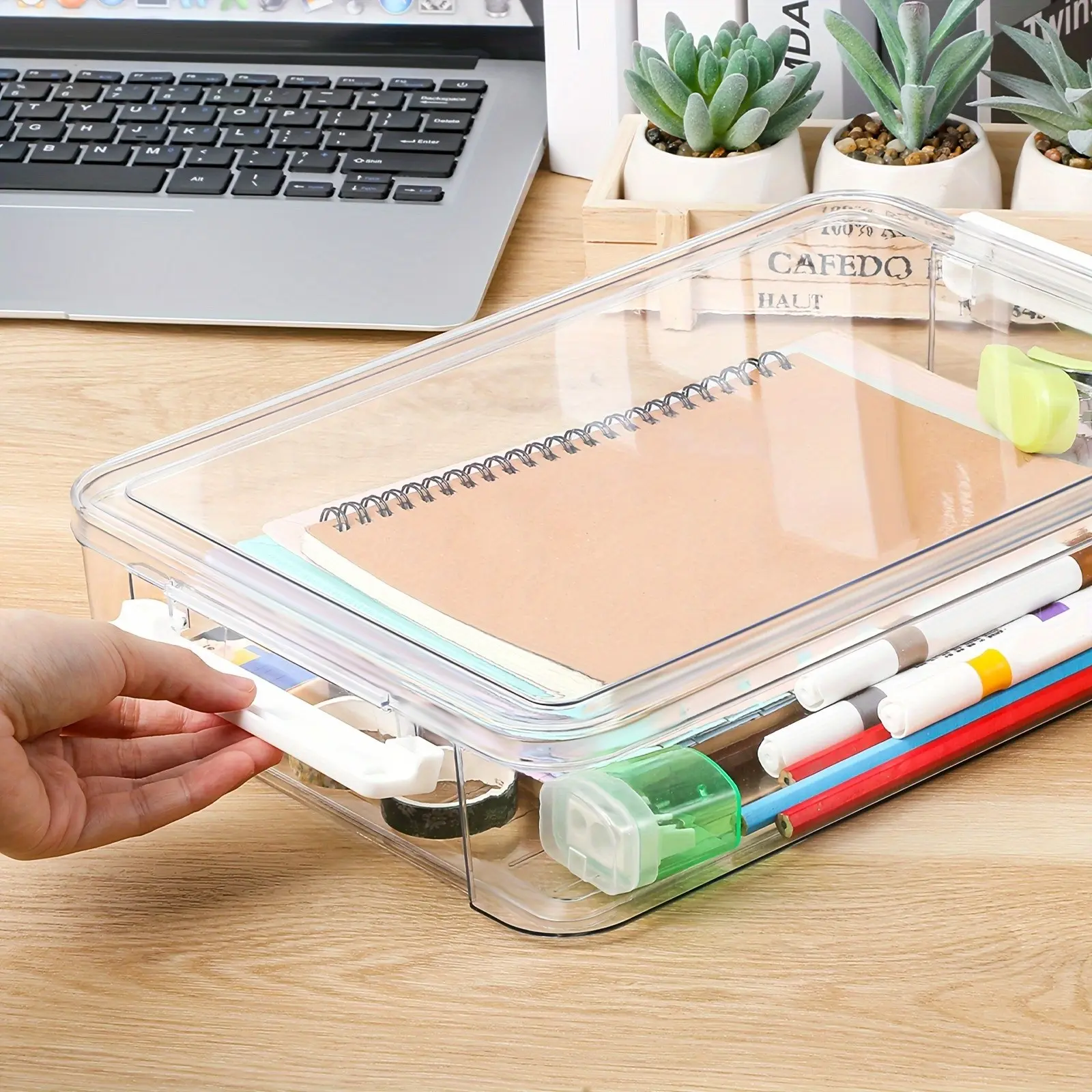 Tall A4 Paper File Organizer Set of 4, Transparent Stackable Office Supplies Storage Boxes, Drawer Storage for Desktop Organization