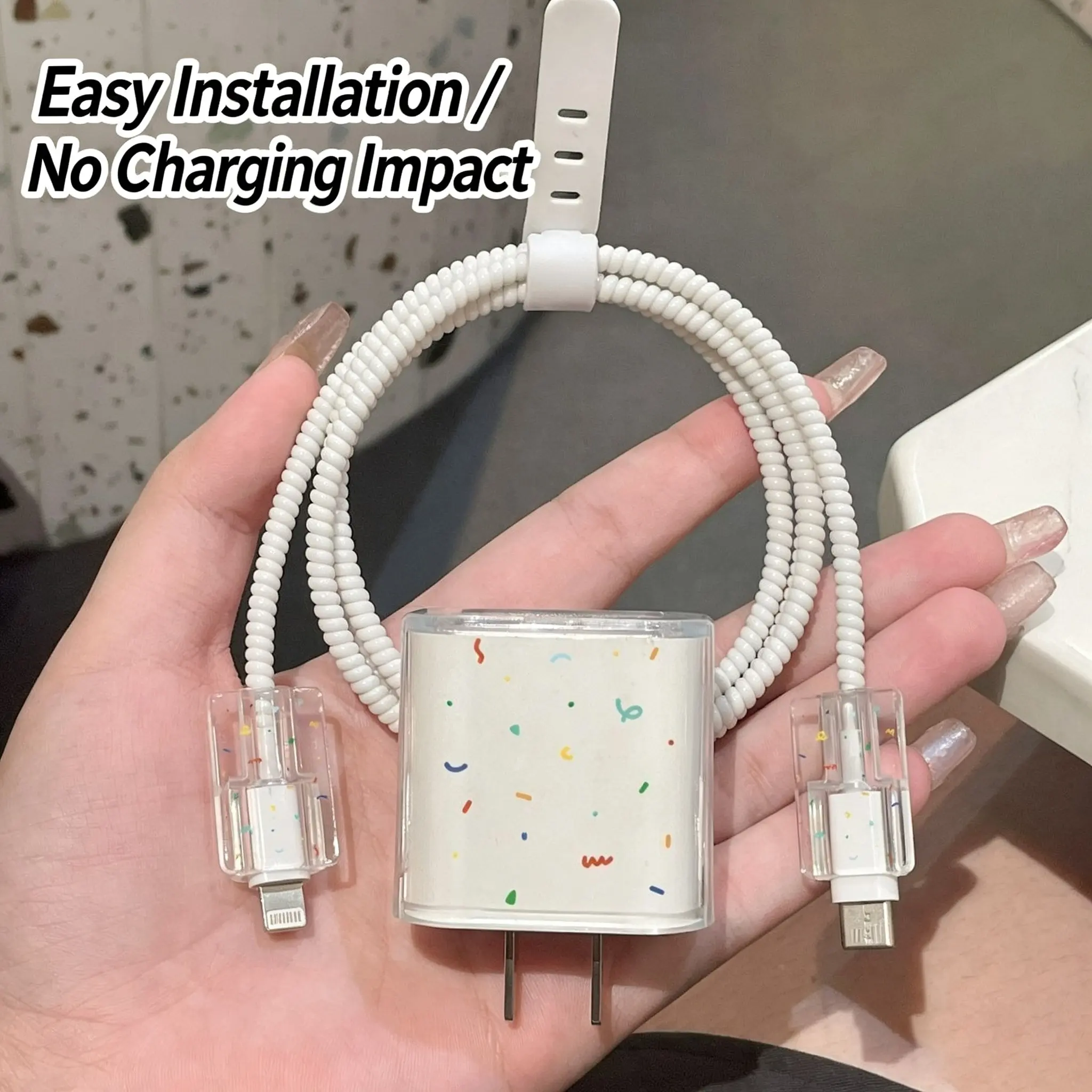 Colorful Paper Shred Charging Protection Set, Mini Multi-Color Graffiti Print Transparent Charger Box, Spiral Anti-Break Cable Sleeve