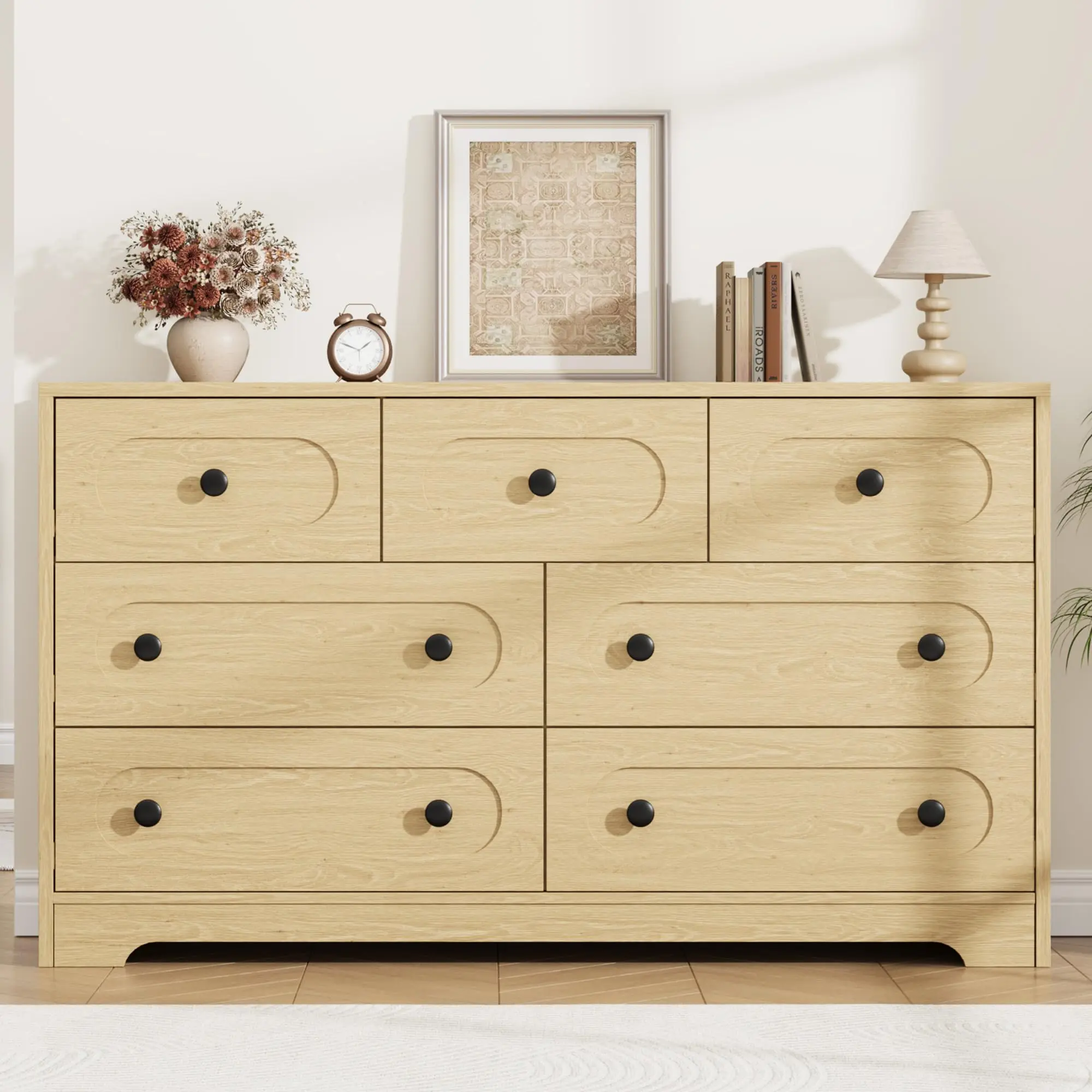 Modern 7 Drawer Chest, 55" Wide Wooden Organizer for Bedroom, Nursery or Living Room, Deep Drawers & Metal Knobs, Natural/Walnut
