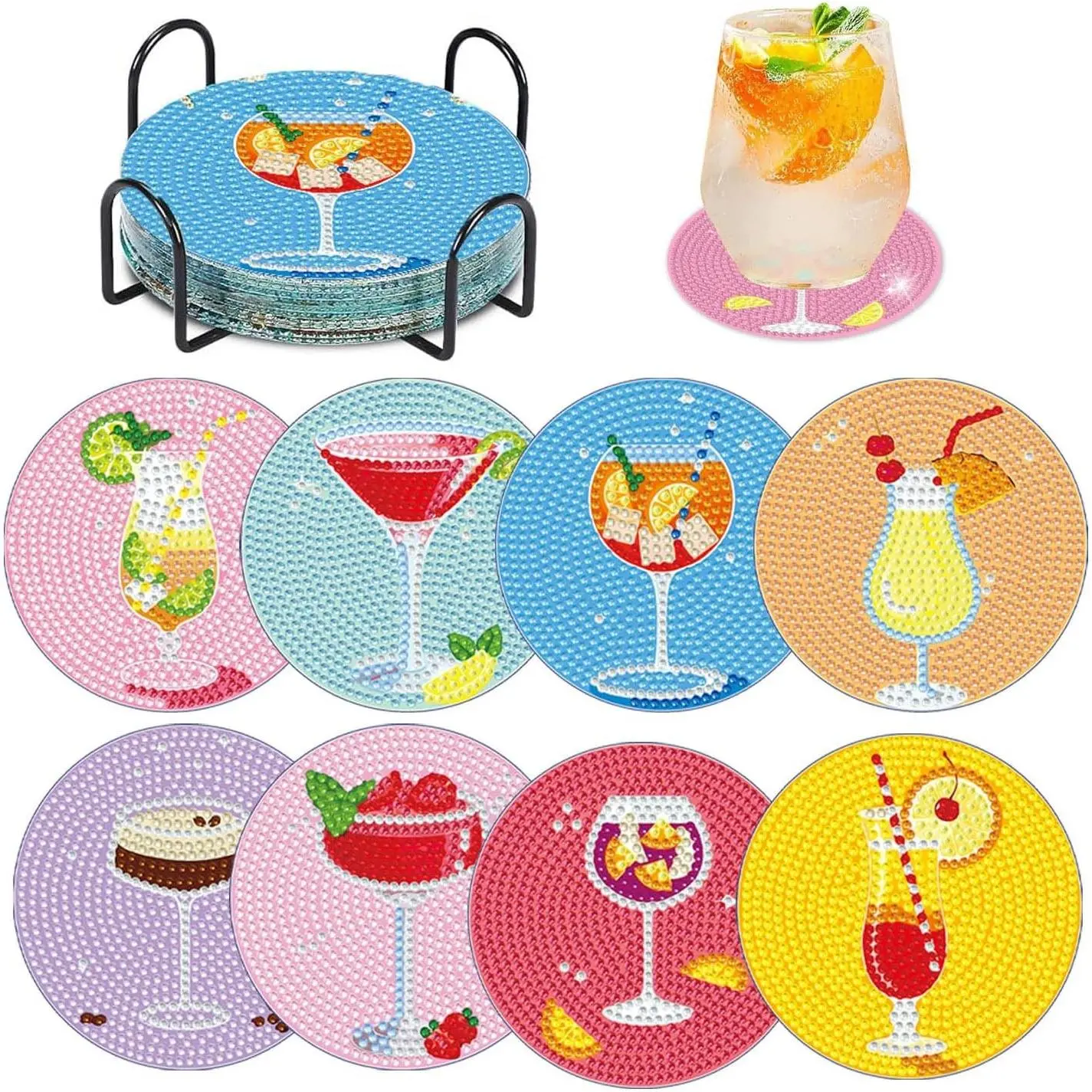 8 PCS Cocktail Diamond Art Coasters Kits, Diamond Painting Coasters with Holder Set of 8, DIY Drink Coasters Art Crafts Supplies for Adults Cup Mat for Home Decor House Warming Gifts Non-Slip 3.9inch